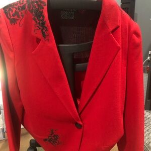 Vibrant Red Women's Blazer with Black Artistic Design